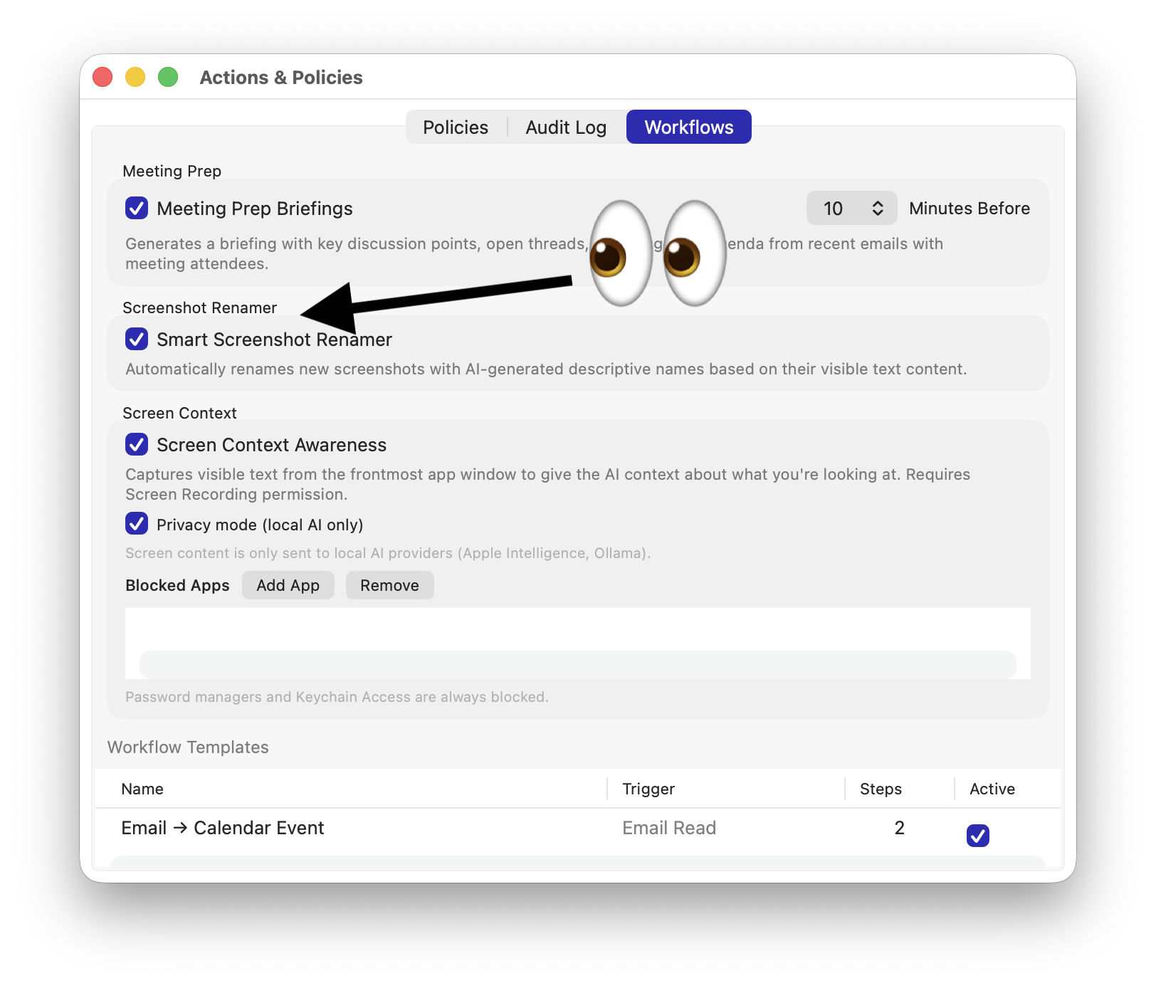 Workflows tab in VoxyAI Actions and Policies window showing the Smart Screenshot Renamer toggle